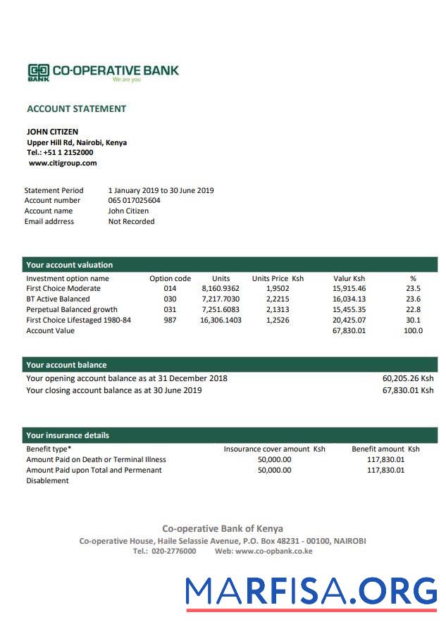 Printable Kenya , Co operative Bank of Kenyabank statement word example